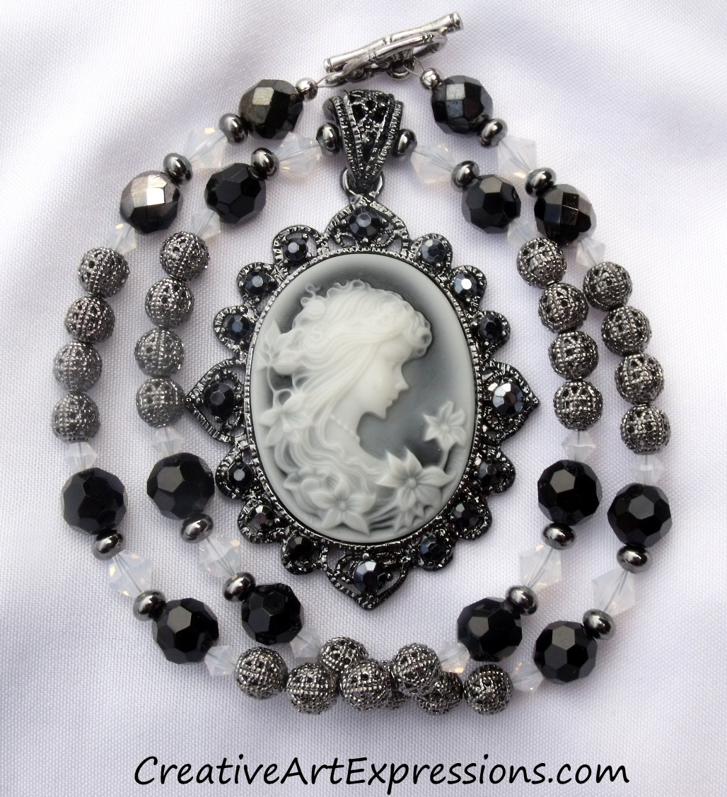 Creative Art Expressions Handmade Black & White Cameo Necklace Jewelry Design